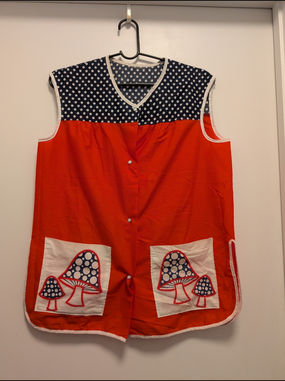 Vintage Sleeveless Red Patchwork Mushroom Tunic / Smock with Navy Polka Dot Yoke